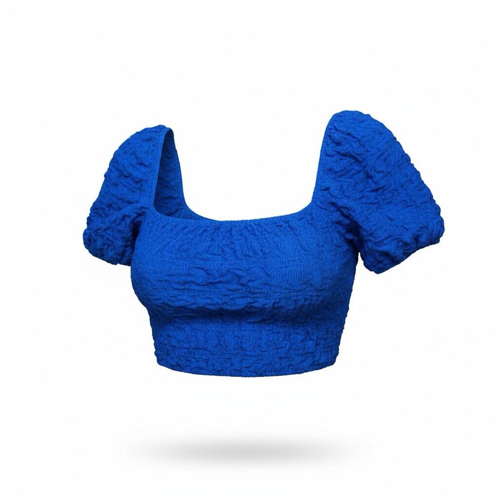 NWT Zara Colbalt Blue Smocked Puff Sleeve Crop Top Size Large